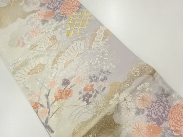 扇に菊・梅模様織出し袋帯